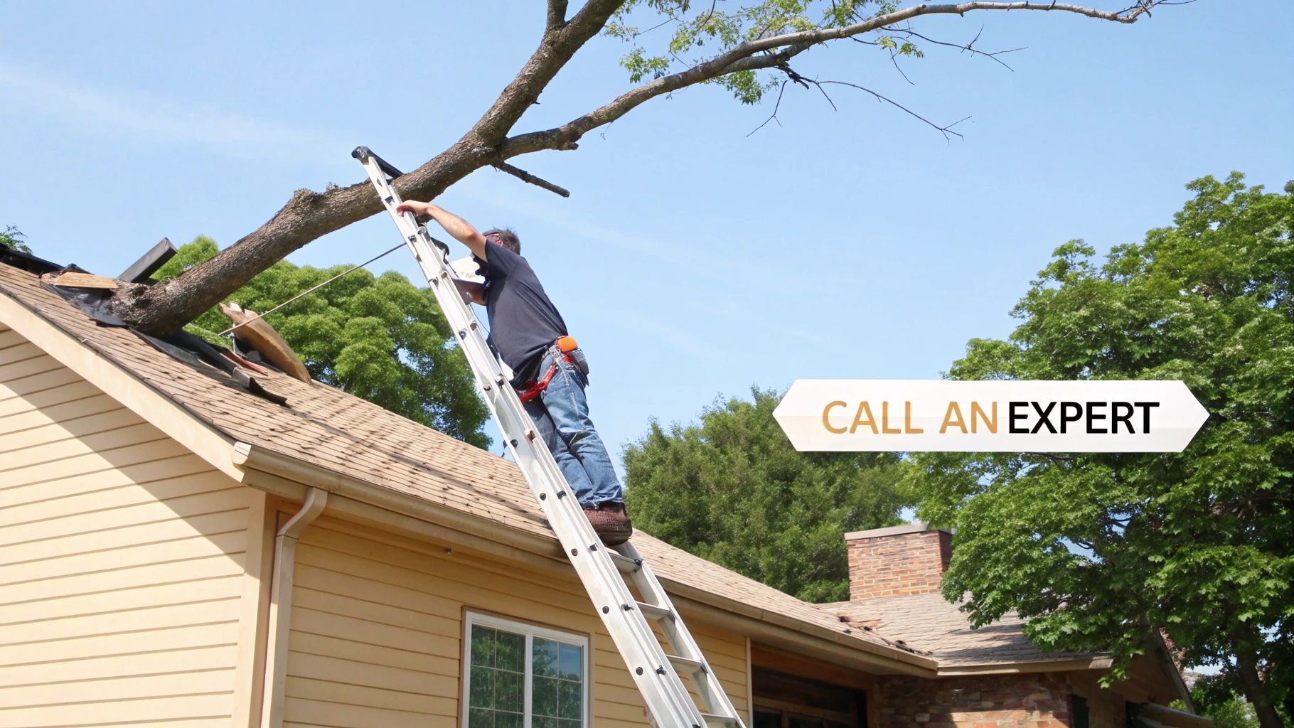 A man on a ladder assessing a large tree branch that has fallen onto a house roof, with a "CALL AN EXPERT" overlay.