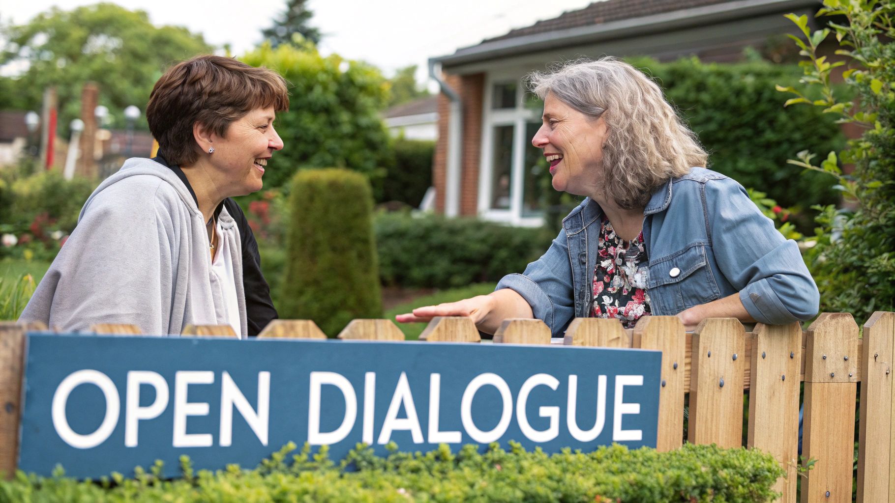 Two women smiling while talking over a fence with a blue "OPEN DIALOGUE" sign. Greenery and a house in the background.