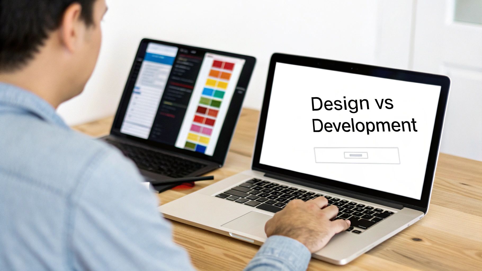 A person from behind working on two laptops, one displaying 'Design vs Development' and the other showing code and color palettes.