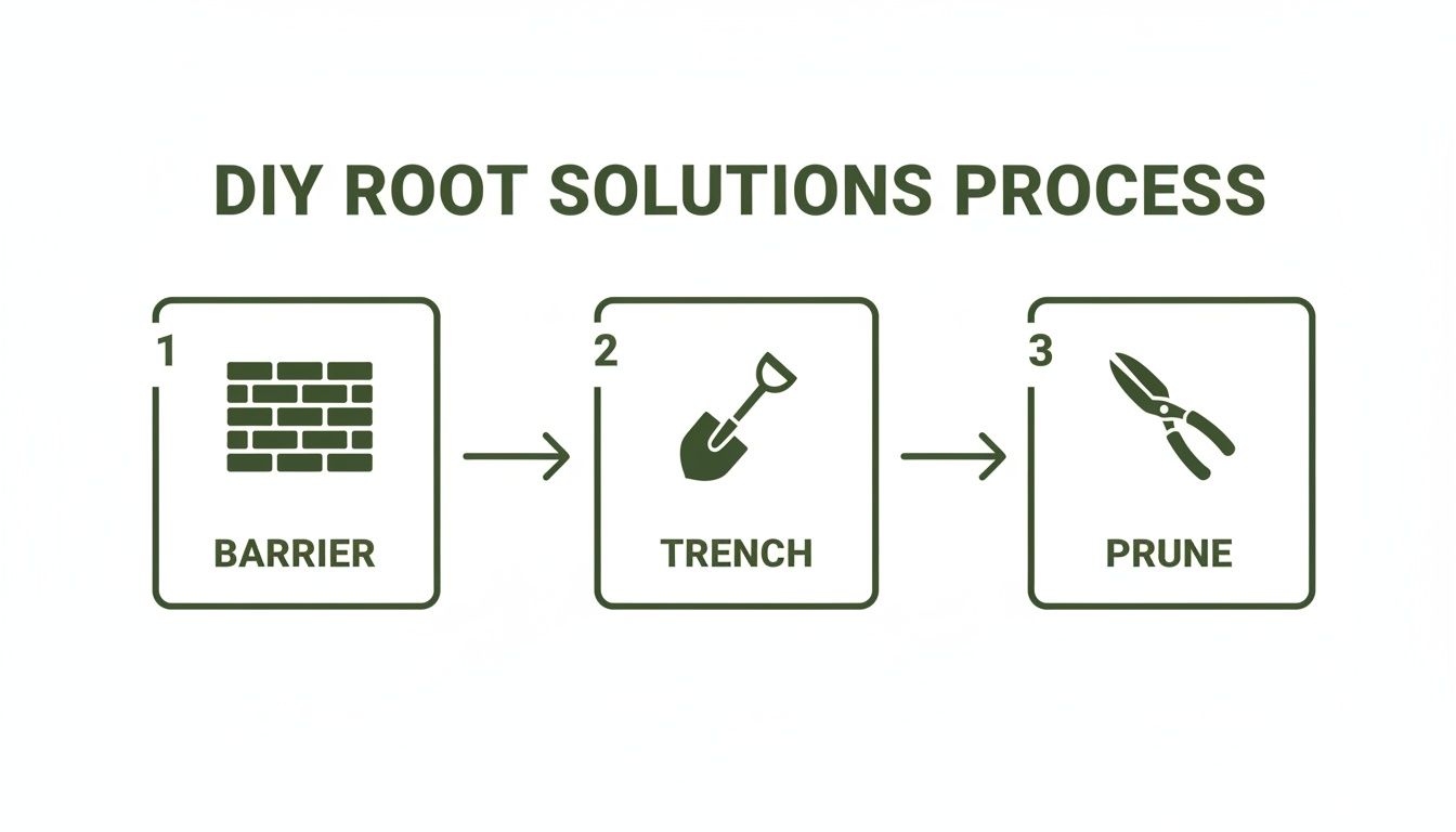 A three-step DIY root solutions process: barrier, trench with a shovel, and pruning shears.