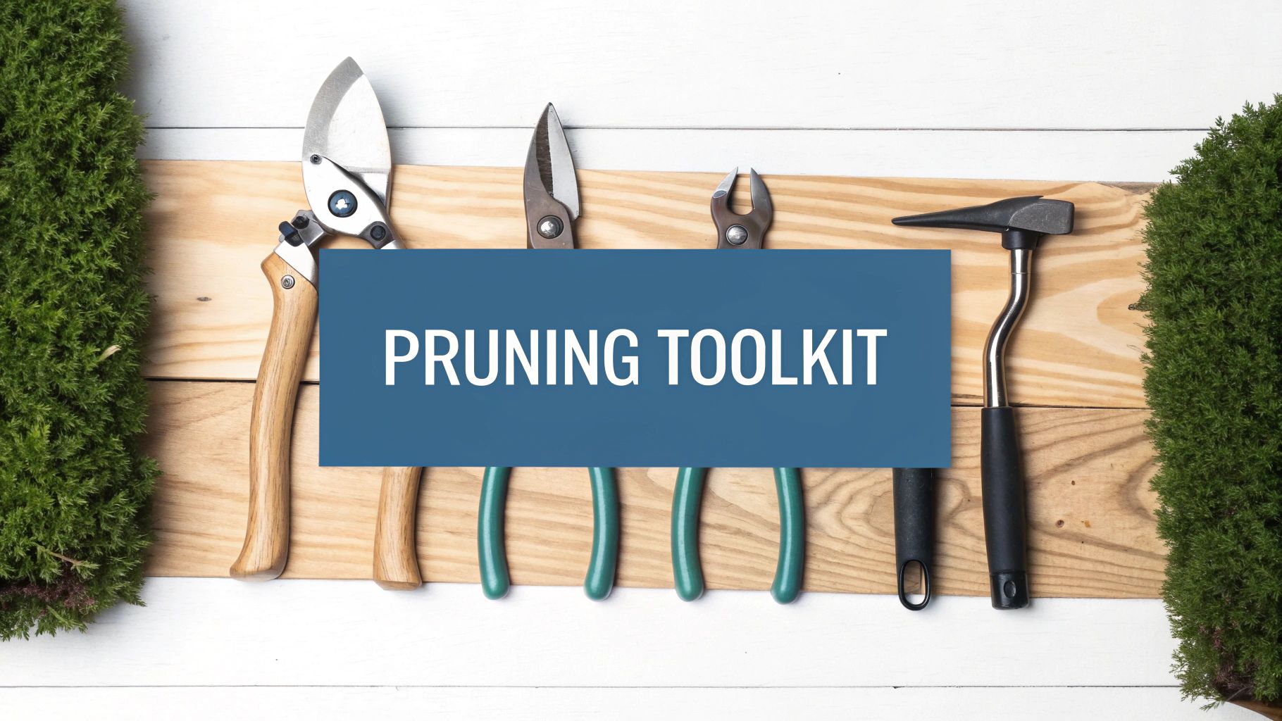 A variety of gardening pruning tools on a wooden board with green plants, labeled 'PRUNING TOOLKIT'.