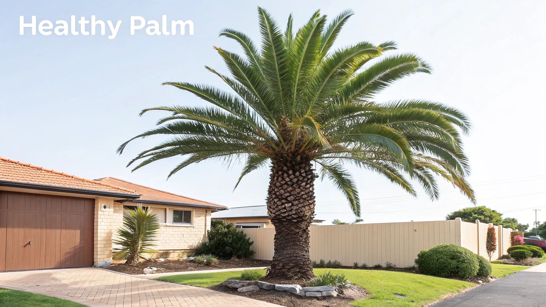 A vibrant, healthy palm tree flourishes in a well-maintained front yard with a house and fence.