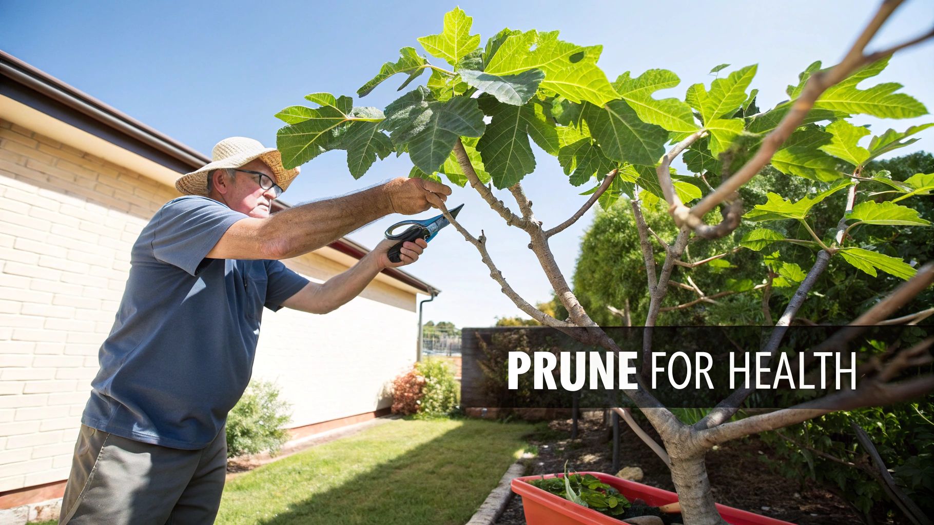 An older man in a straw hat prunes a fig tree with blue shears in a bright backyard.