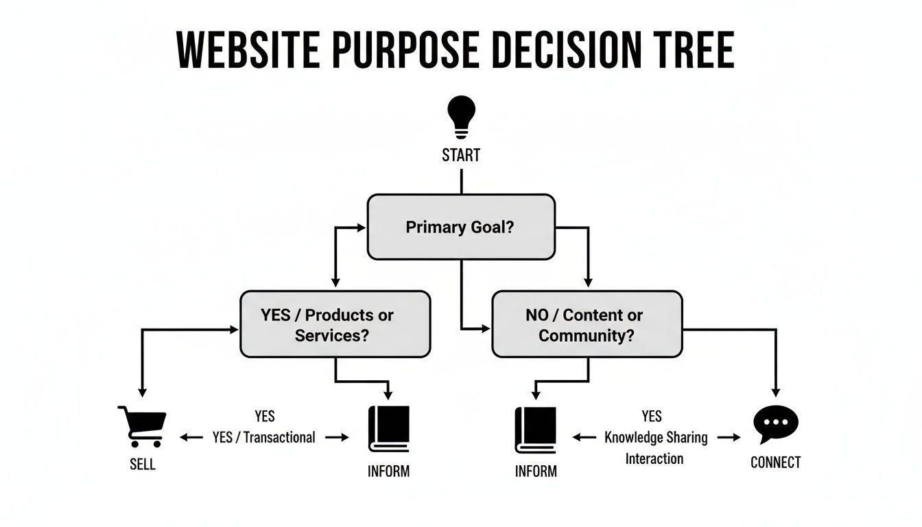 Decision tree for website purpose, guiding choices for selling, informing, or connecting with users.
