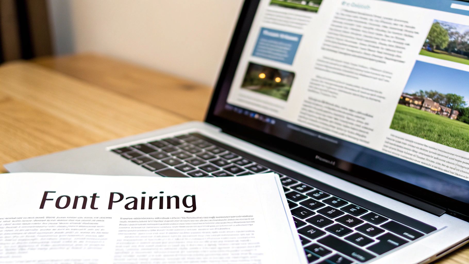 A laptop displaying a webpage with text and images, next to a document titled 'Font Pairing' on a wooden table.