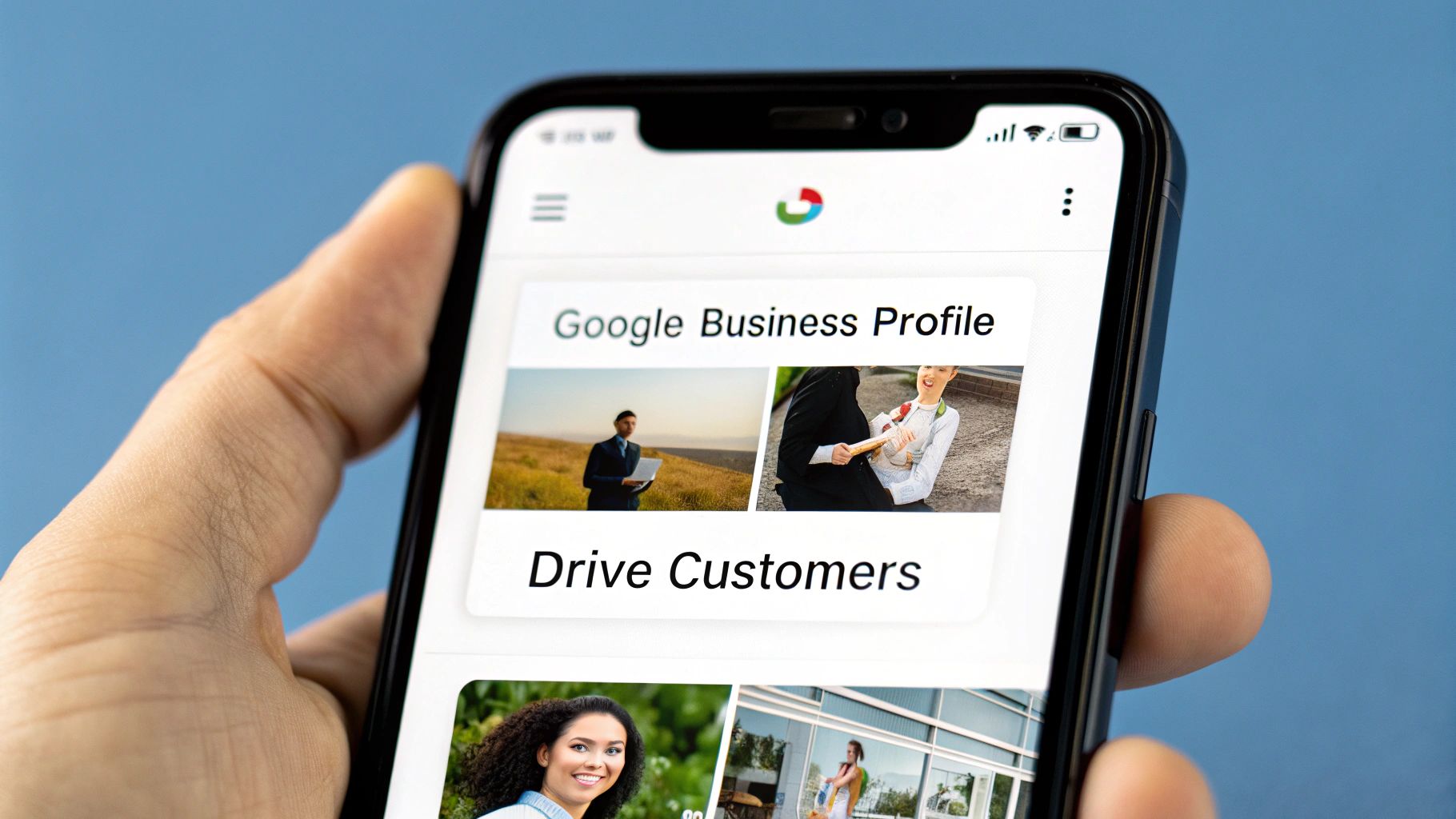 A person on their phone interacting with a Google Business Profile, with icons for posts, Q&amp;A, and photos highlighted.
