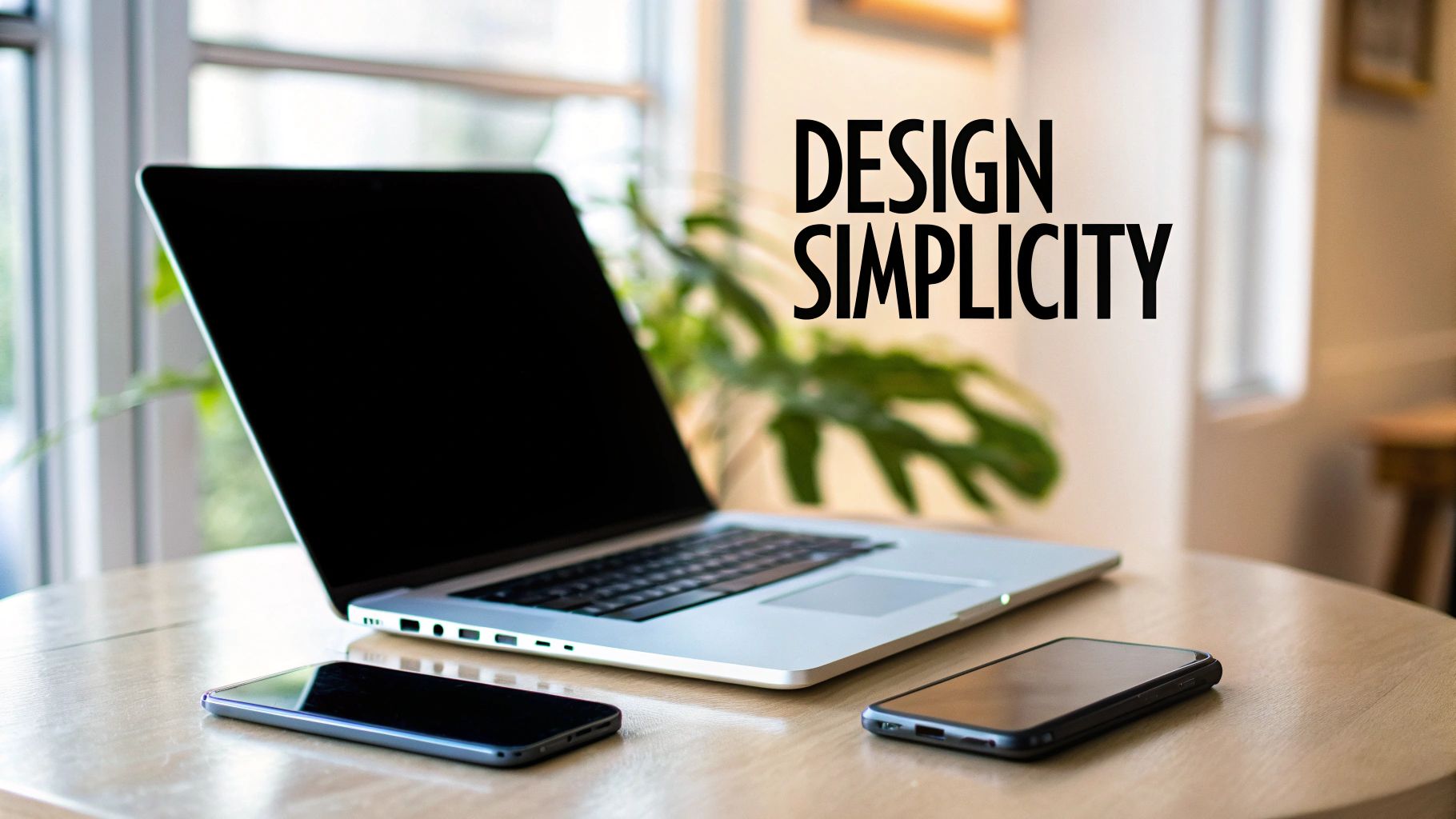 A silver laptop and two dark smartphones on a wooden table with &#39;DESIGN SIMPLICITY&#39; text.