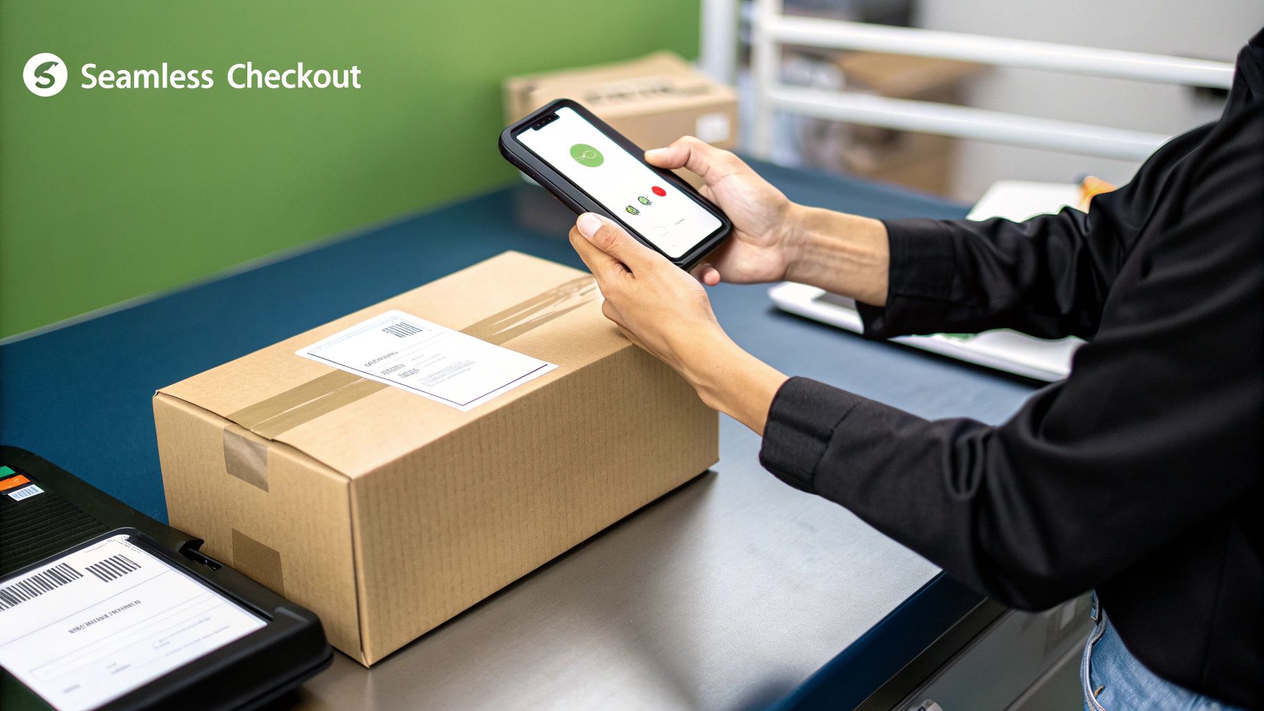 Person scanning a package with a smartphone in a store. Green and blue setting with "Seamless Checkout" text visible.