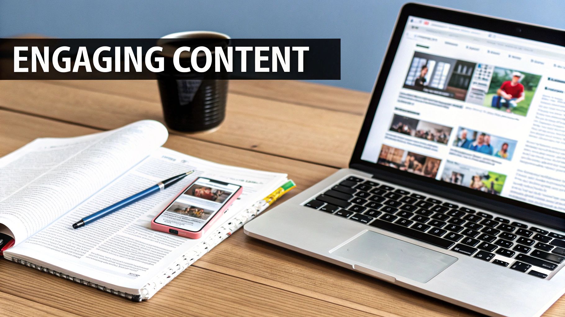 A person writing in a notebook surrounded by a camera, laptop, and coffee, representing content creation.