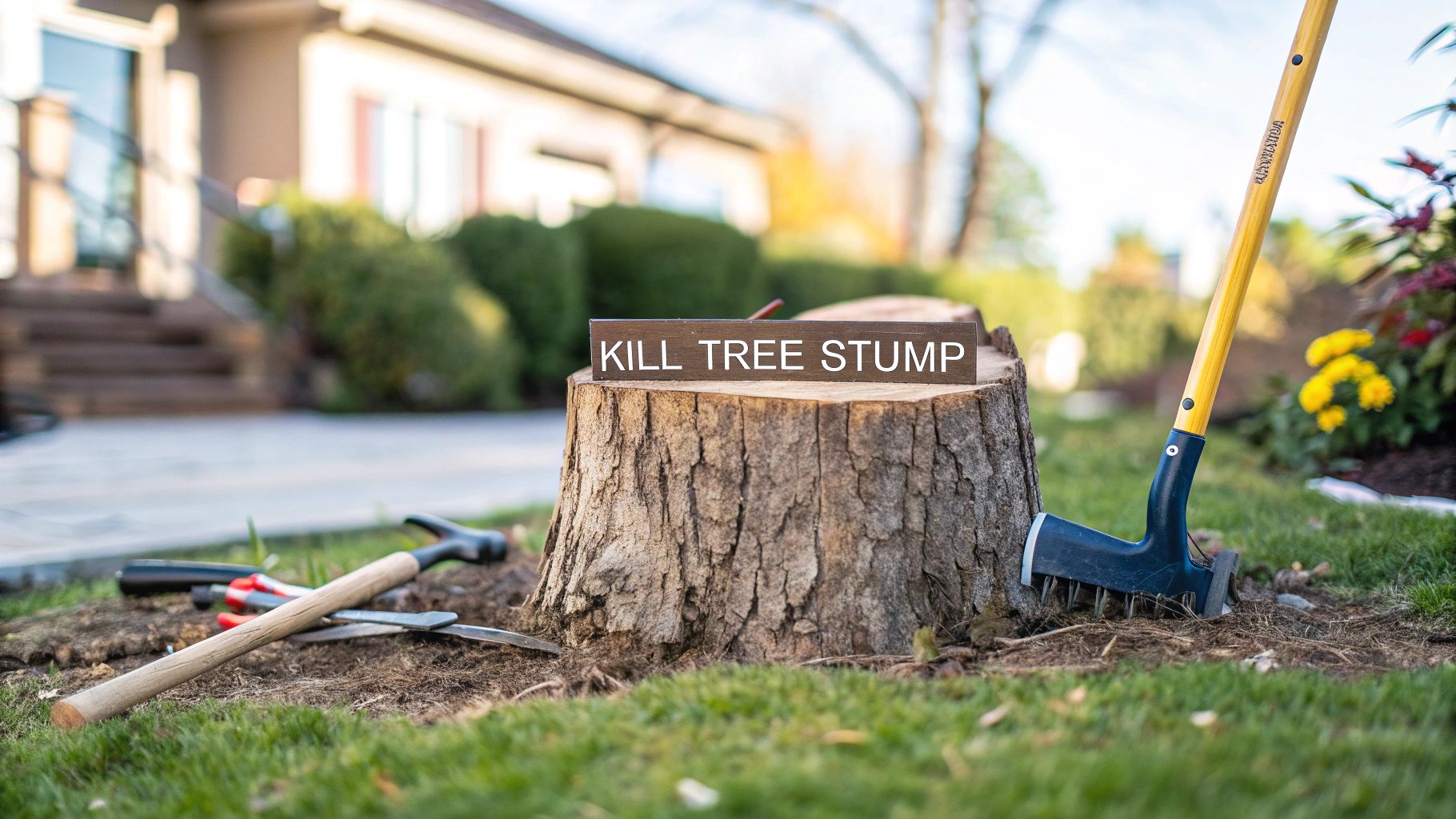 A tree stump visile to onlookers. An axe and tools are nearby