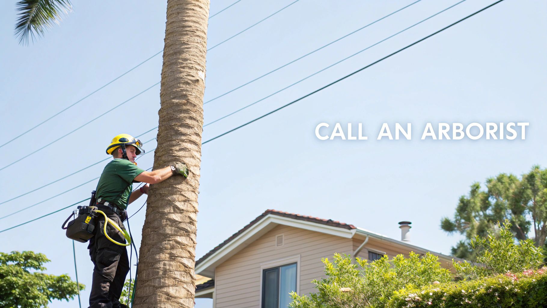 An arborist in a yellow helmet and gloves climbs a tall palm tree near power lines and a house.