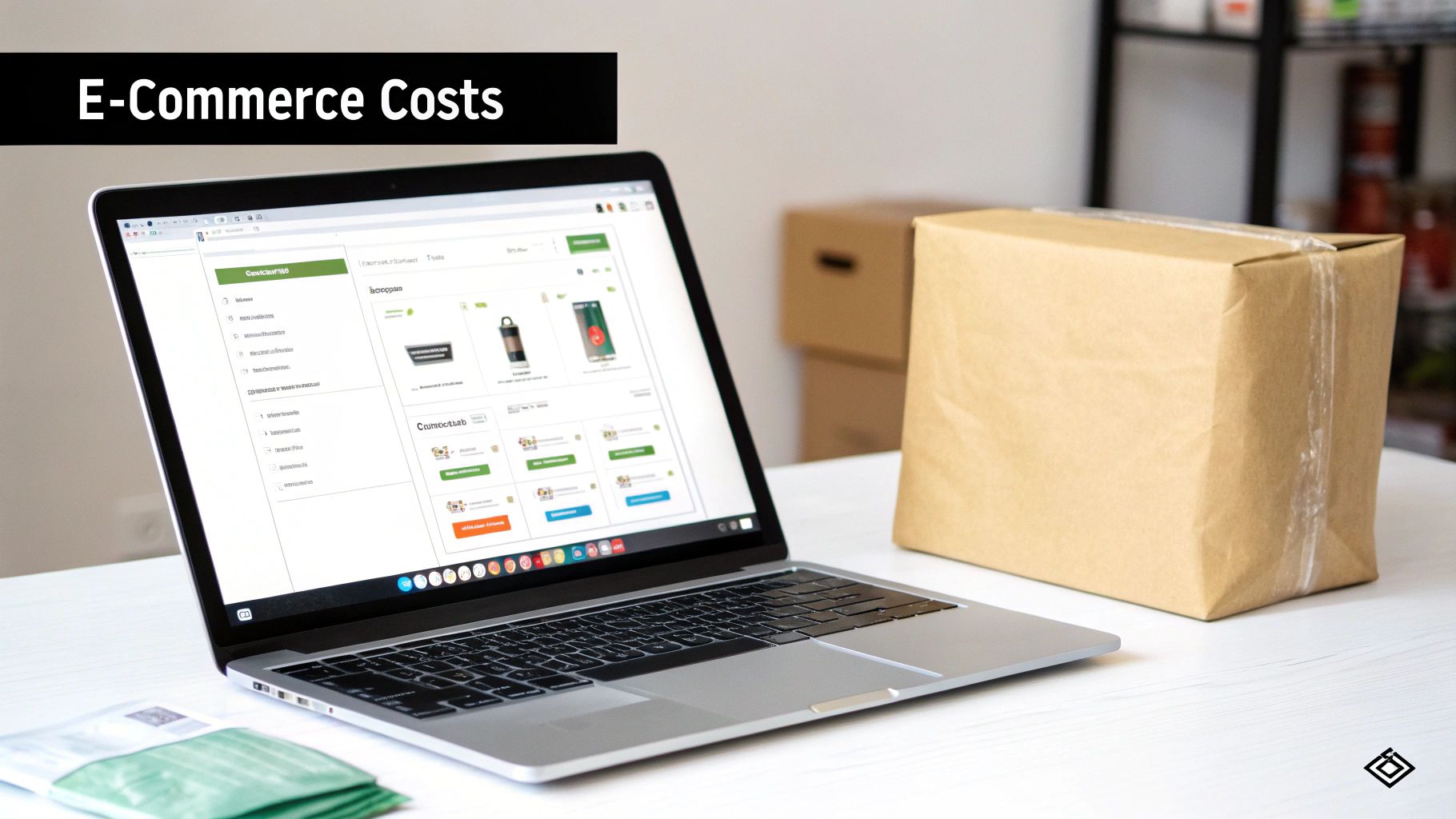 A laptop displaying an e-commerce website with product listings, next to a brown shipping box.