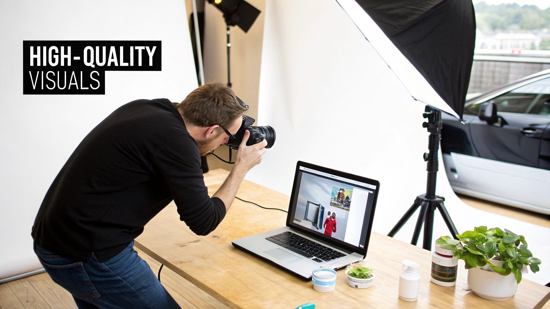 A person capturing high-quality product visuals in a professional photo studio environment.