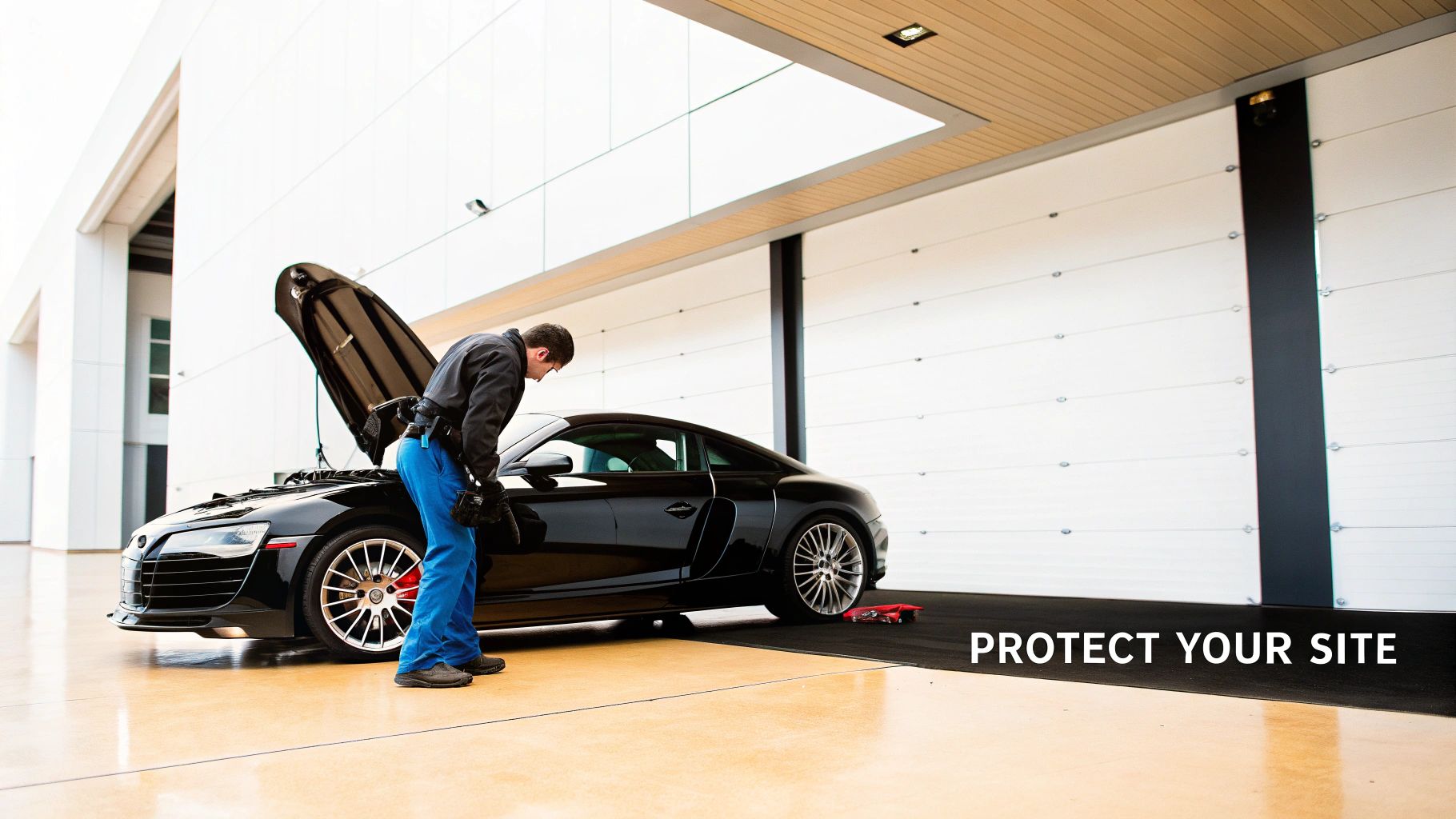 A man inspects the engine of a black sports car in a clean garage with a "PROTECT YOUR SITE" mat.