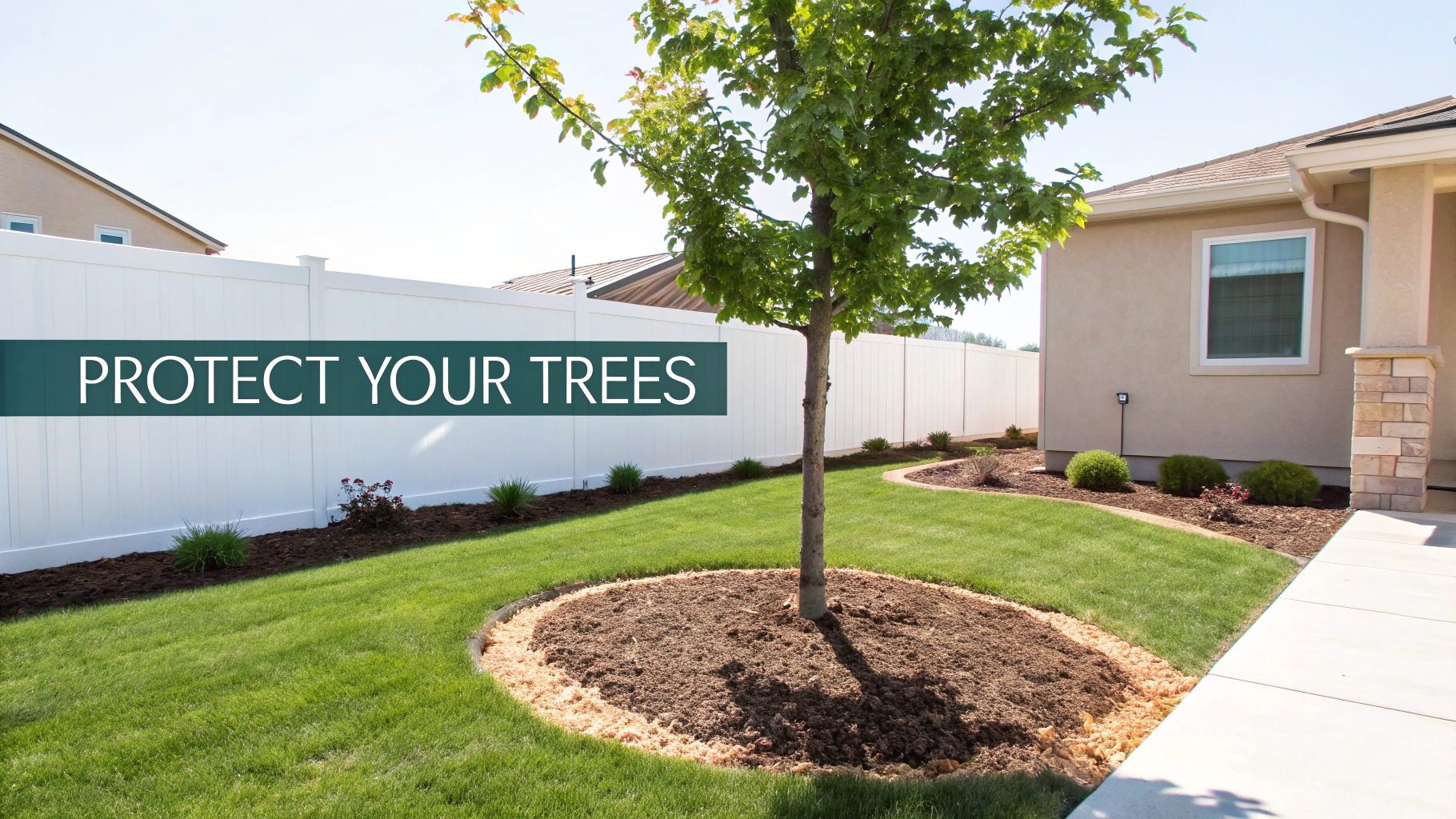 A well-maintained backyard featuring a young tree surrounded by mulch, green grass, a white fence, and a banner "PROTECT YOUR TREES".