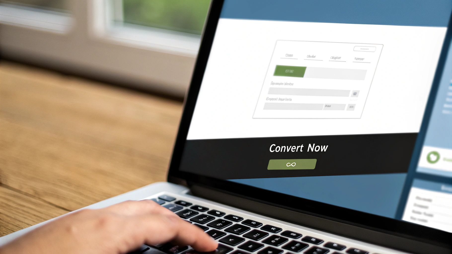 Laptop screen showing a file conversion interface with "Convert Now" button. Hand typing. Wooden desk and window in the background.