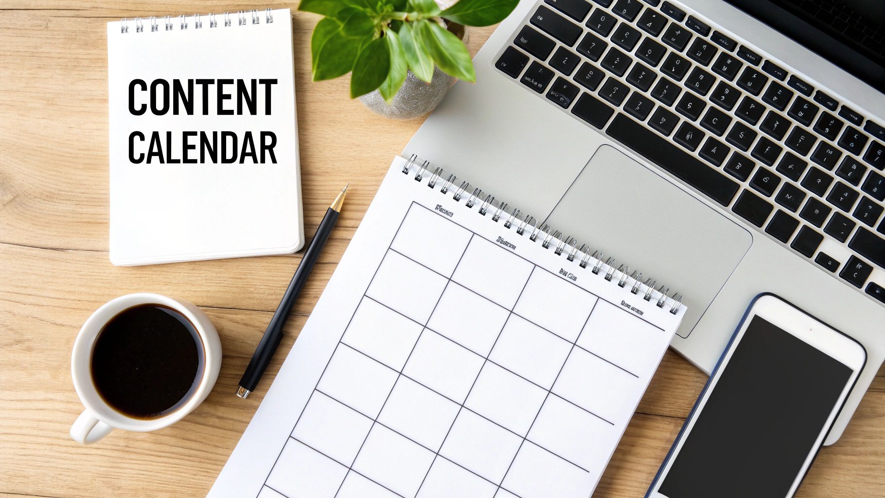 A flat lay of a content calendar notebook, planner, laptop, coffee, and pen on a wooden desk.