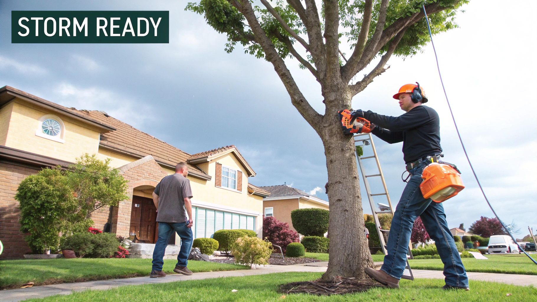 Man in safety gear trims a large tree with a chainsaw, preparing property for storms.