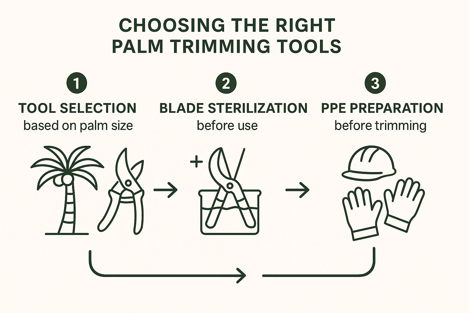 Guide on palm trimming tools with steps: tool selection, blade sterilization, and PPE preparation. Features icons of a palm, shears, and gear.