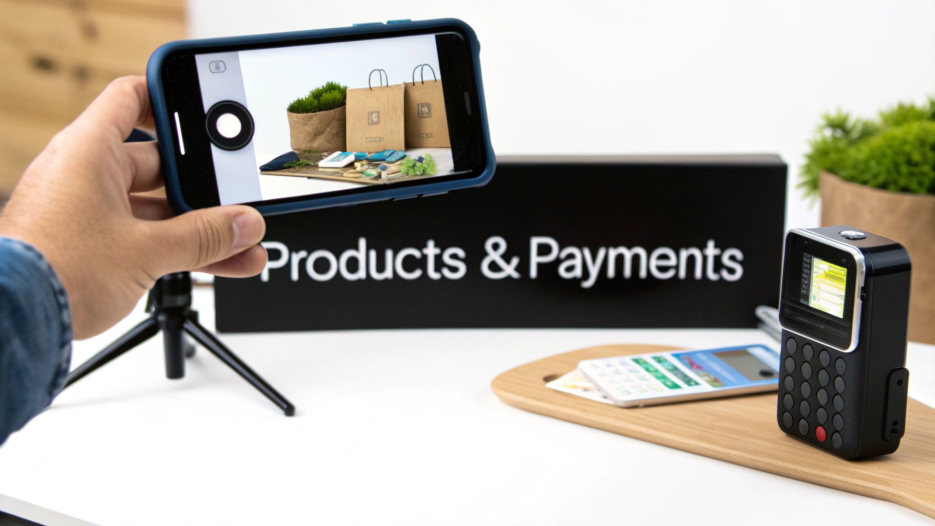 Person using a smartphone to photograph products on a white table with a 'Products & Payments' sign.