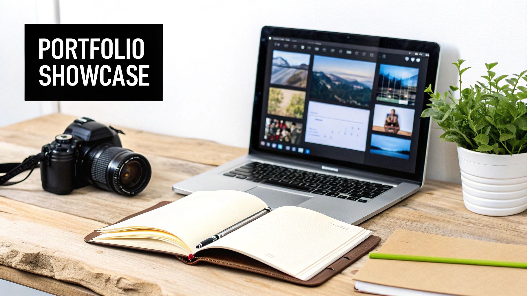 A creative workspace with a laptop showing a portfolio, a camera, an open notebook, and a potted plant.