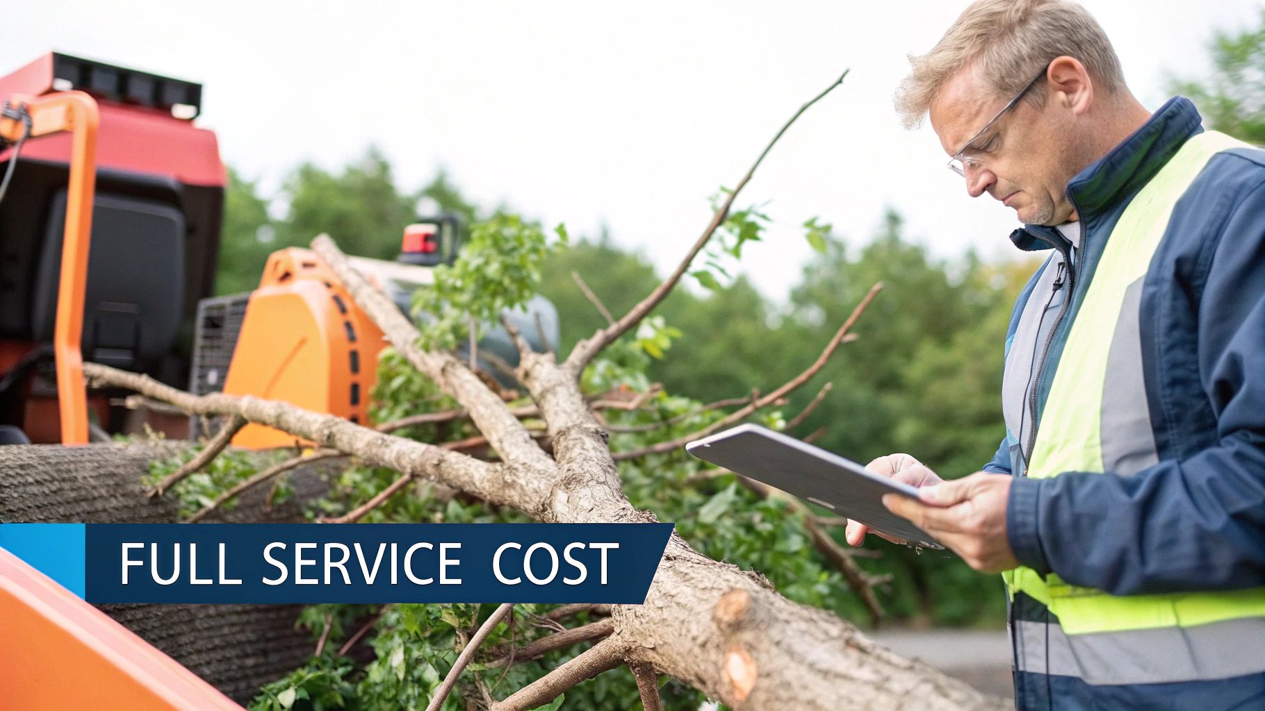A professional arborist using a wood chipper to process green waste after pruning a tree.