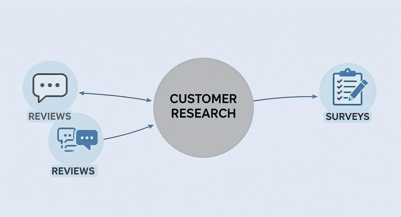 Infographic detailing customer research methods, including analysing reviews, social media, and surveys.
