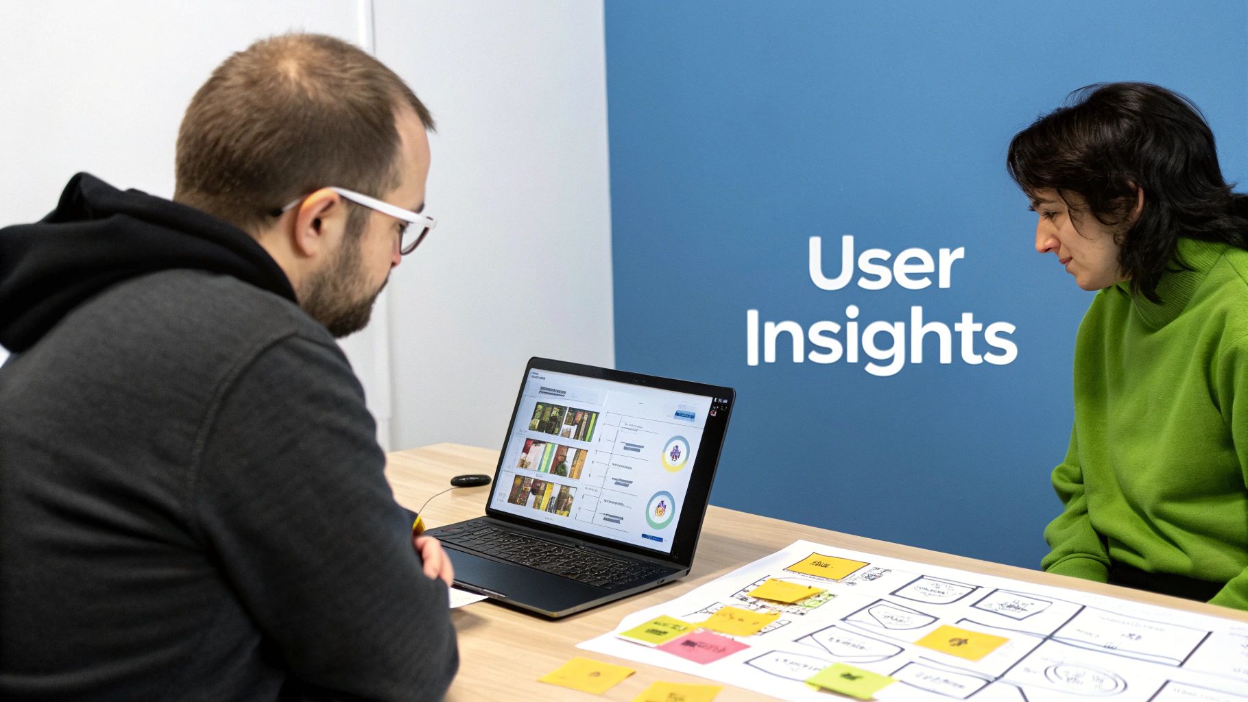 Two people discussing user insights, looking at a laptop with data visualizations and a design blueprint.