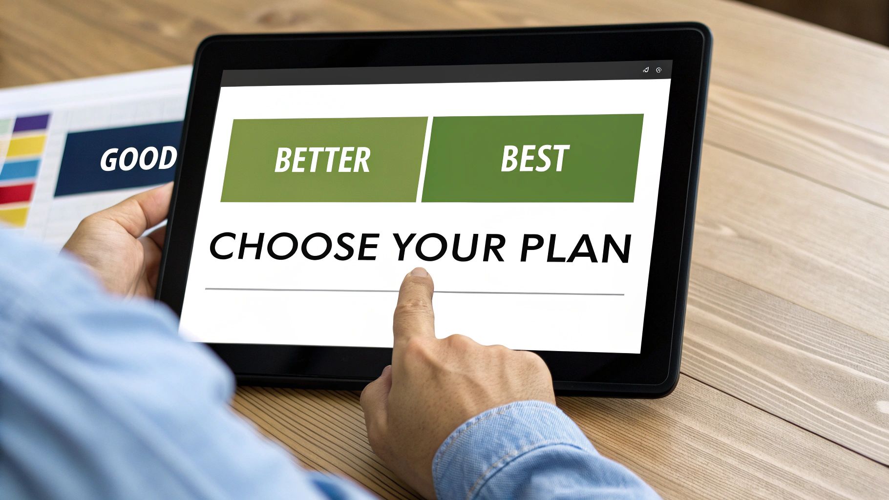 A person's finger points to 'Choose Your Plan' on a tablet showing Better and Best options.
