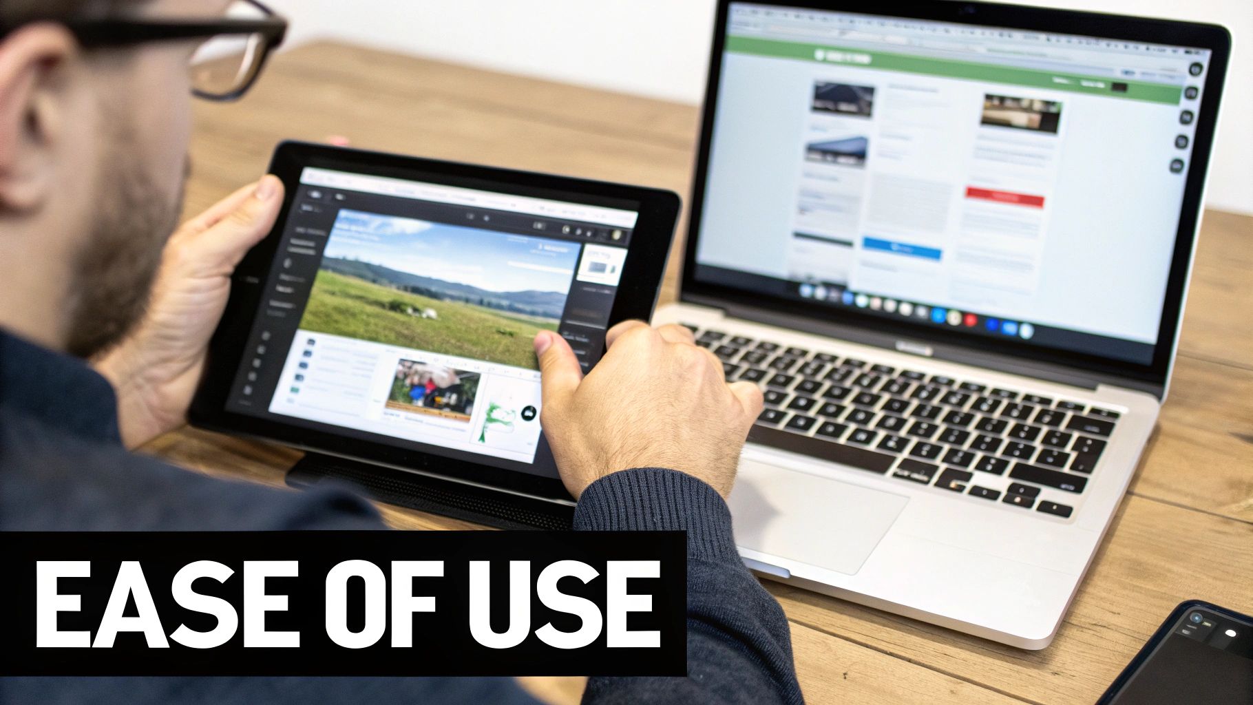 Man using a tablet showing landscape with a laptop open, both on a wooden desk. Text reads "EASE OF USE" in bold. Mood is focused.