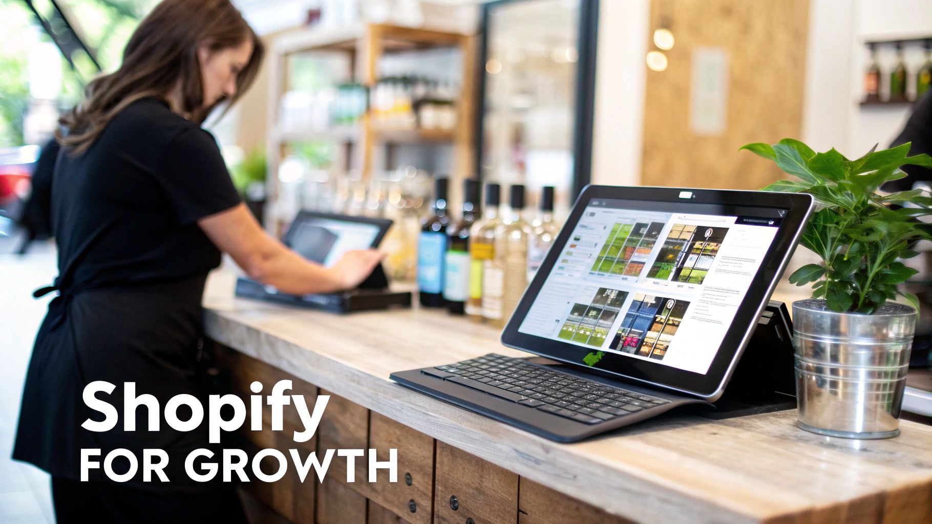 A person using Shopify's point-of-sale system on a tablet in a retail setting.