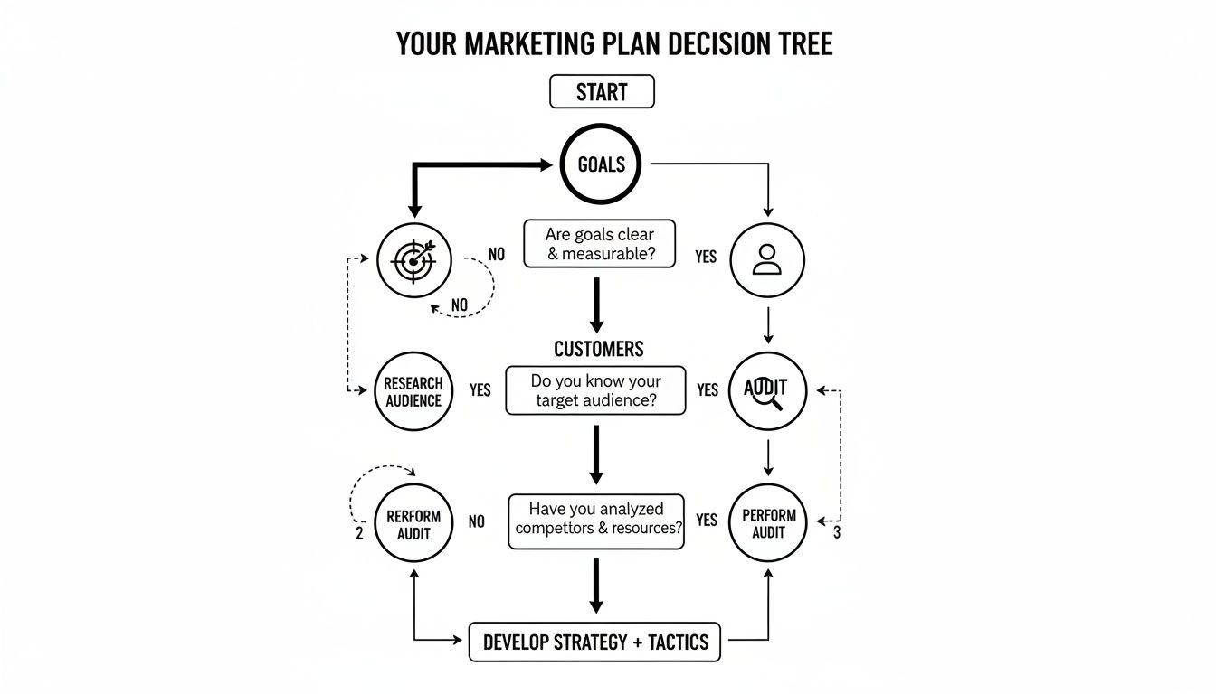 A marketing plan decision tree diagram showing steps from goals to strategy, with feedback loops.