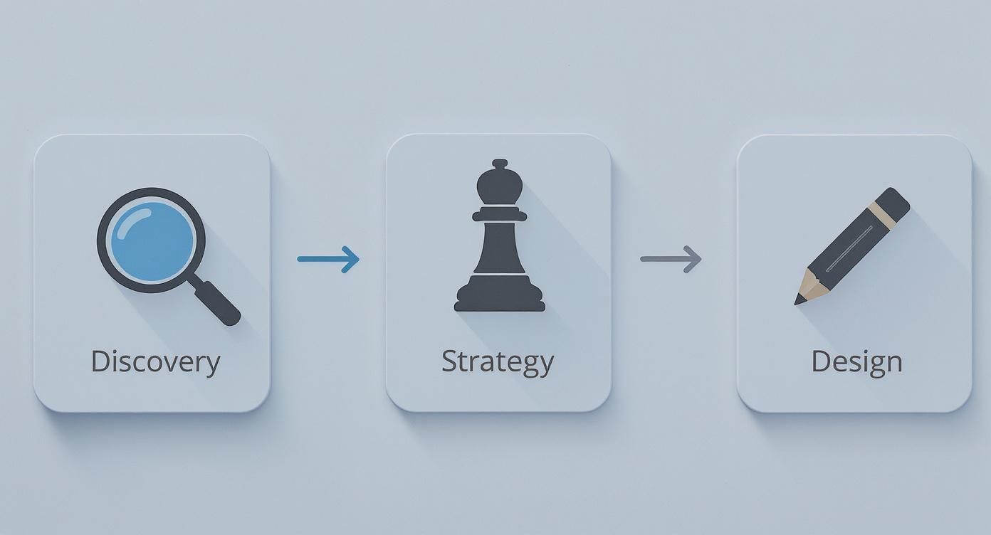 A three-step process: Discovery, Strategy, and Design, represented by a magnifying glass, chess piece, and pencil.