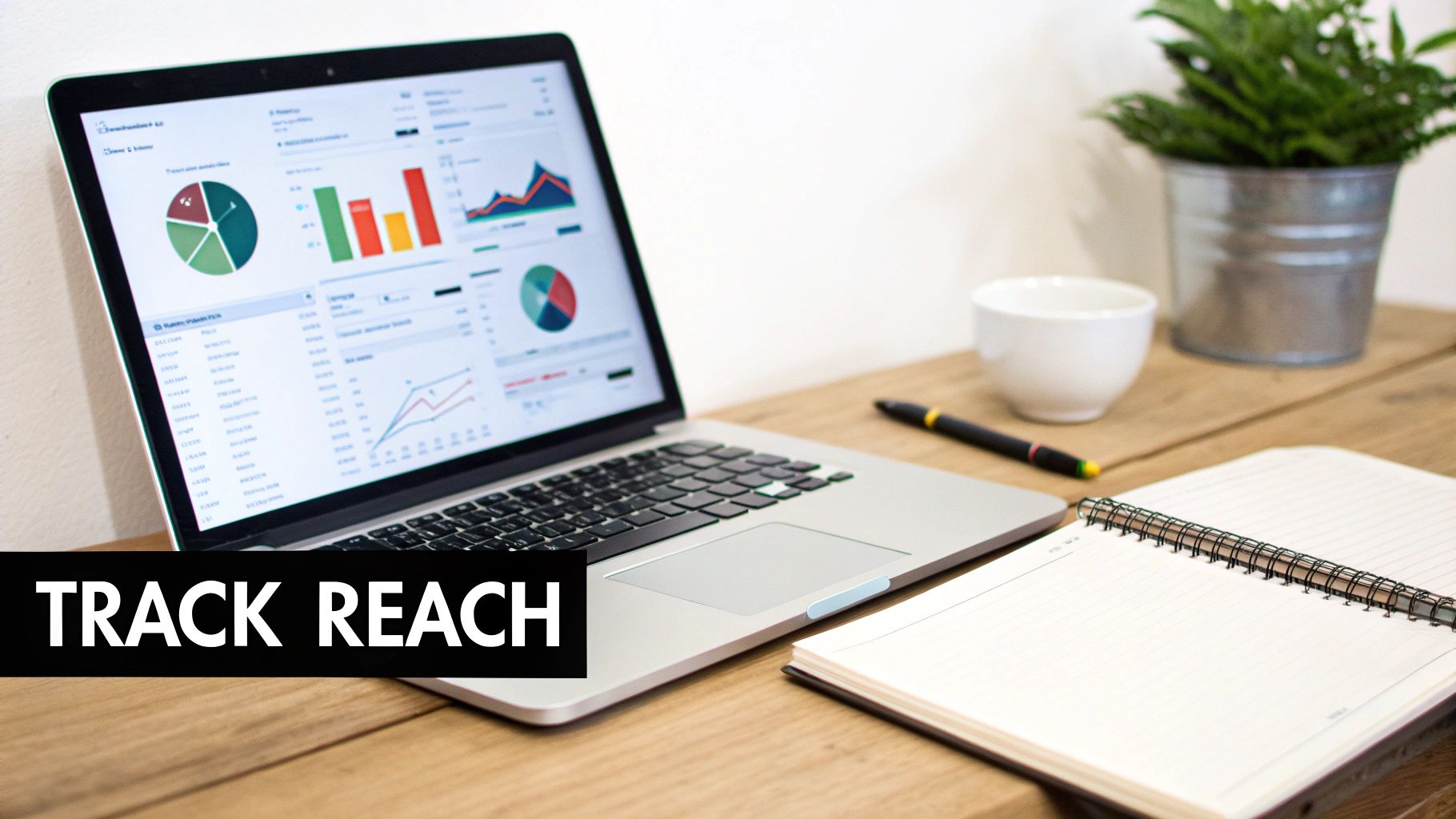 A laptop displays marketing data and analytics charts on a wooden desk with a notebook, pen, and plant.