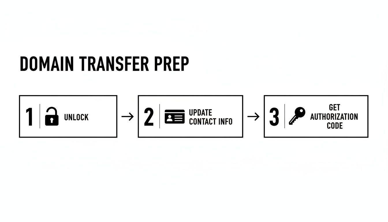 A three-step visual guide for domain transfer preparation: unlock, update contact information, and get authorization code.