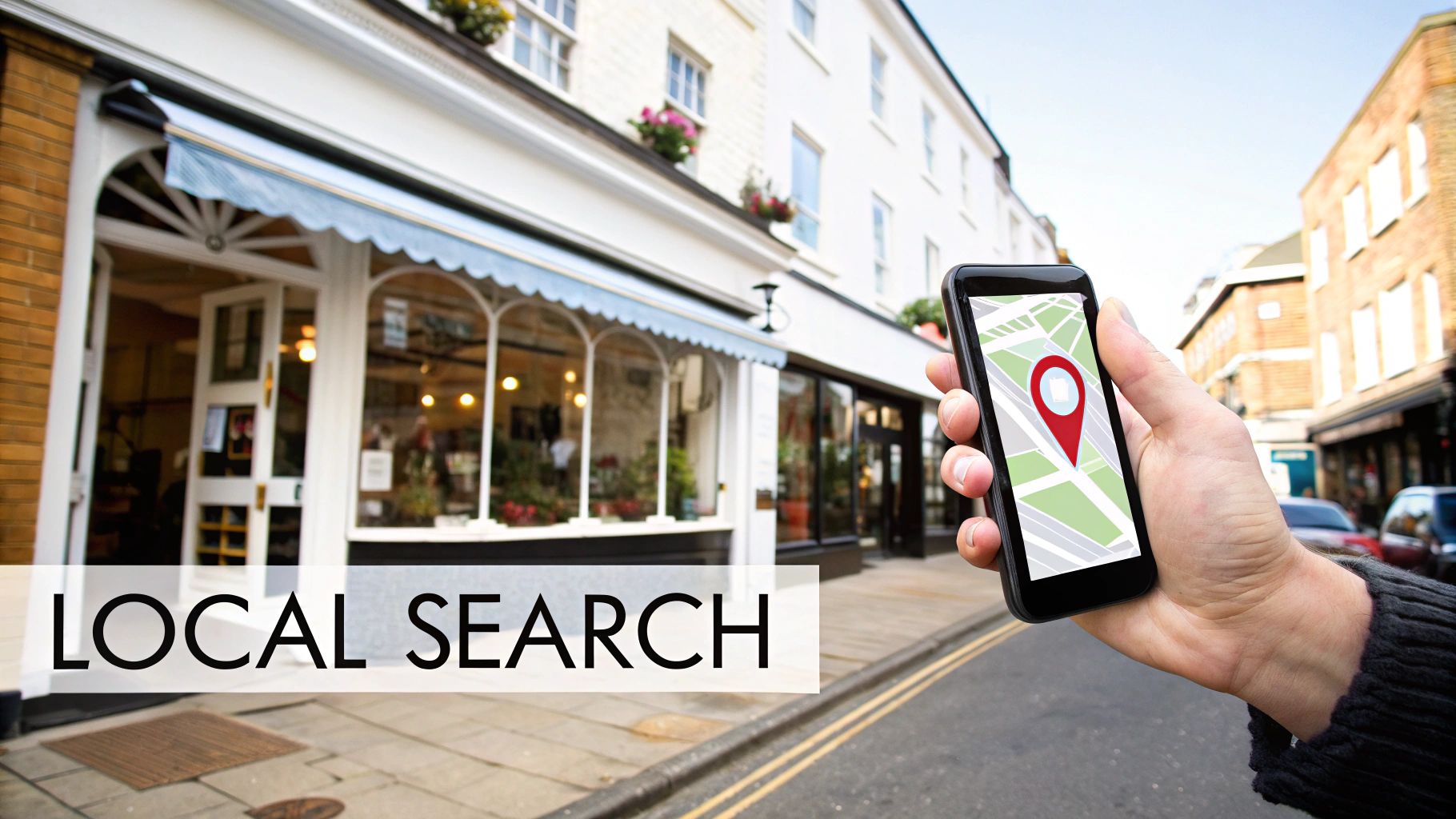 A hand holds a smartphone displaying a map with a location pin in front of a street with shops, representing local search.