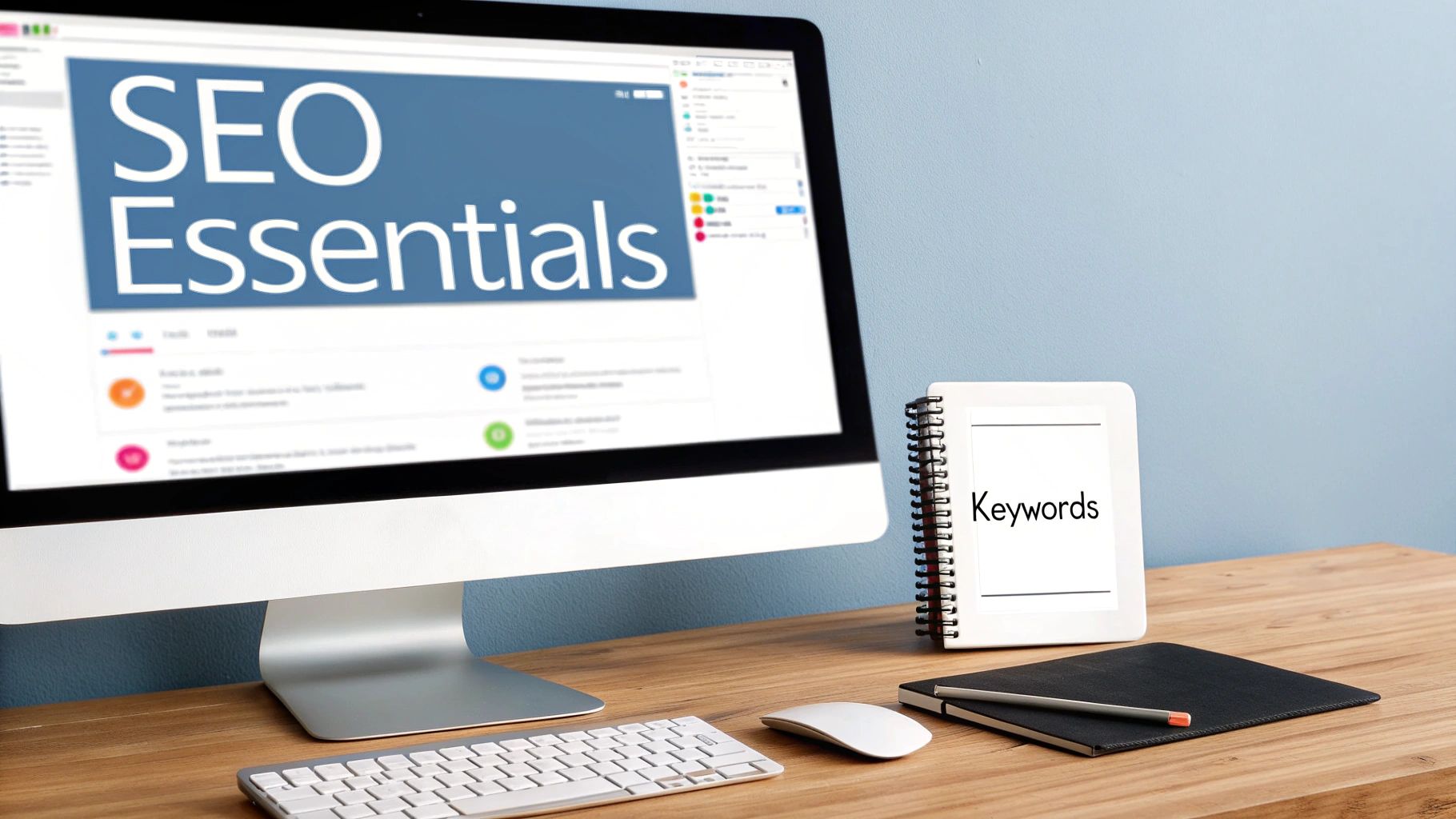 A magnifying glass hovering over a computer screen with SEO elements like keywords and links, symbolising the focus on search engine optimisation.