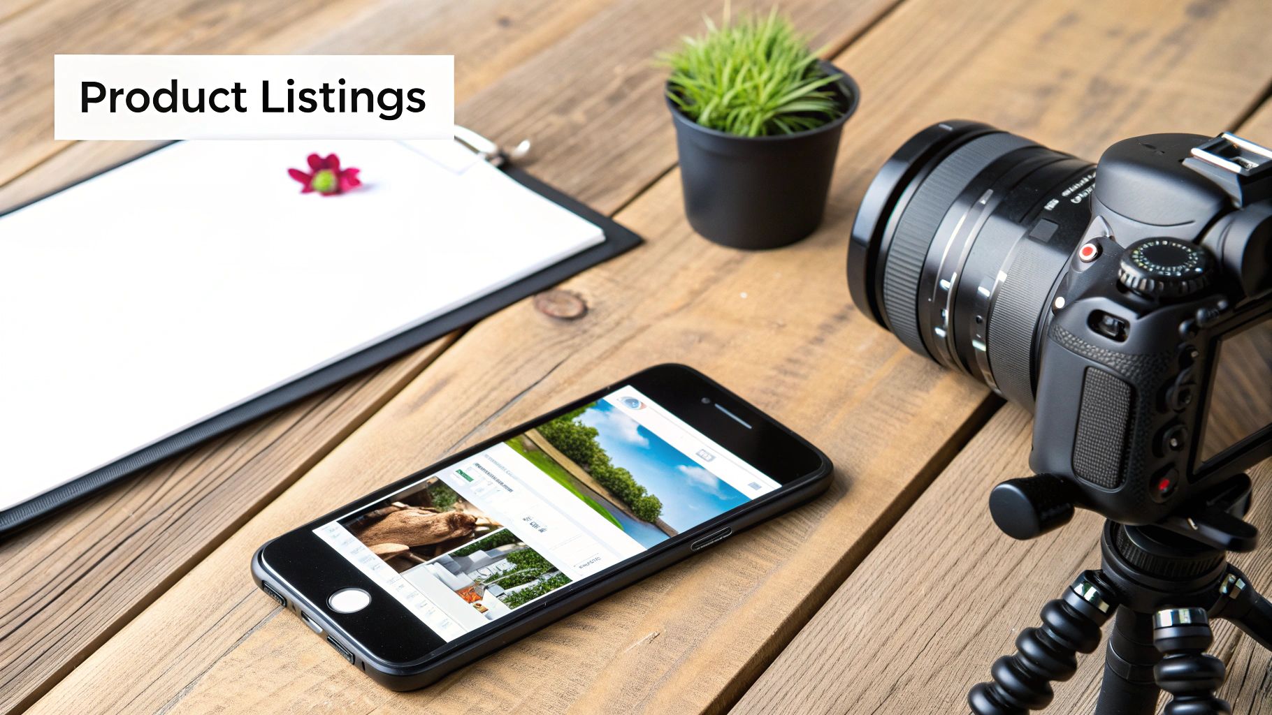 Camera, phone displaying nature images, clipboard with flower, and potted plant on wooden table. Text: Product Listings. Relaxed workspace.