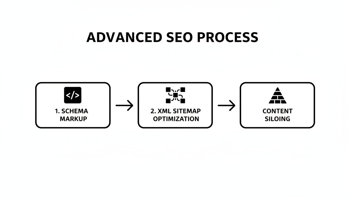 Flowchart illustrating an advanced SEO process, including schema markup, XML sitemap optimization, and content siloing.