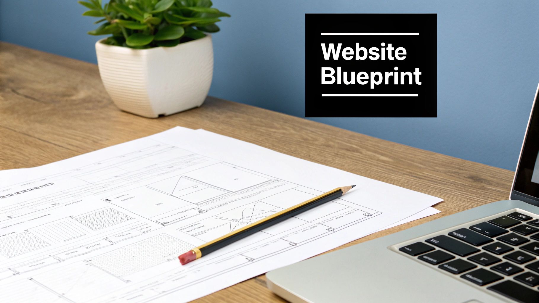 Desk with a website blueprint document, a pencil, laptop, and plant, highlighting website design.