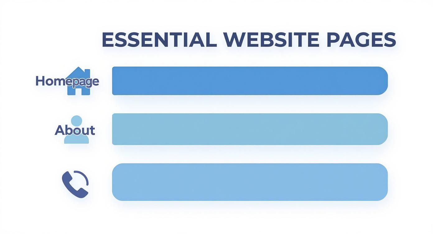 List of essential website pages: Homepage, About, and Contact, with their respective icons.