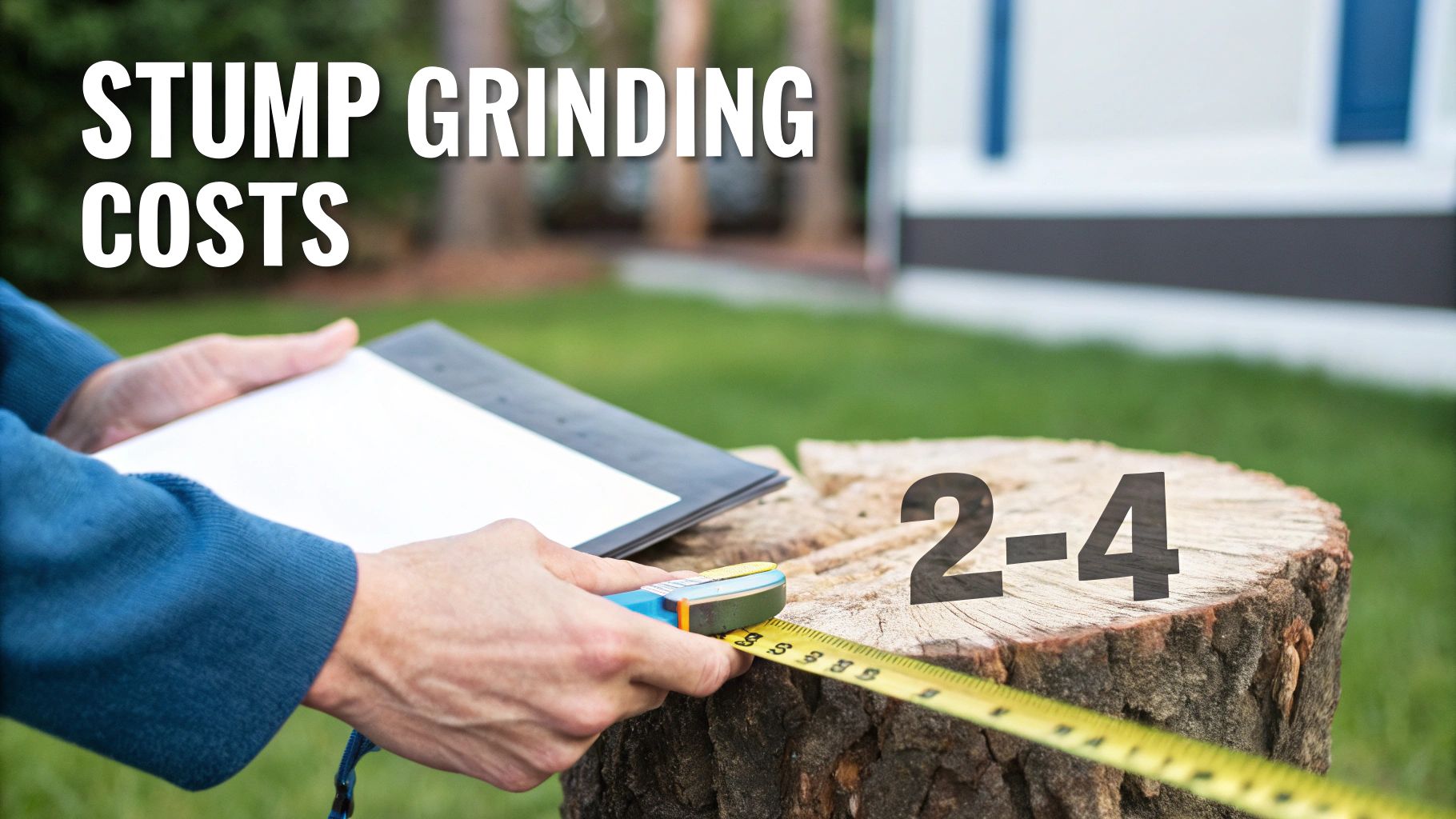 A professional arborist using a stump grinder on a large tree stump in a residential backyard.