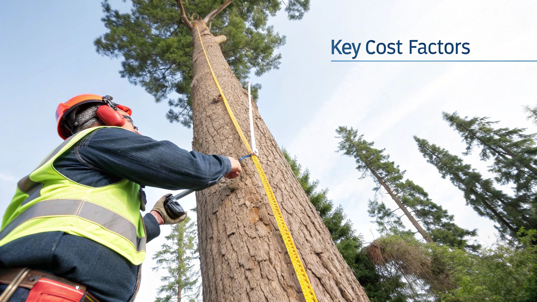 Worker measures a tall tree with a tape, wearing a helmet and safety gear. Background has pine trees and a clear sky. Text reads "Key Cost Factors".