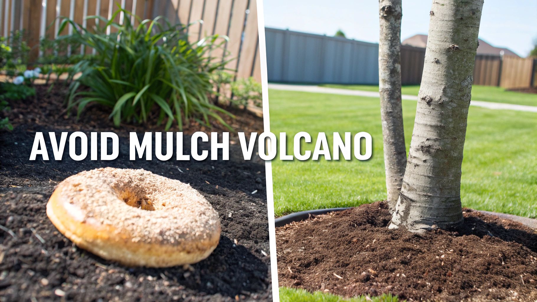 Two images illustrating correct versus incorrect mulching techniques for trees, featuring a donut as a metaphor.