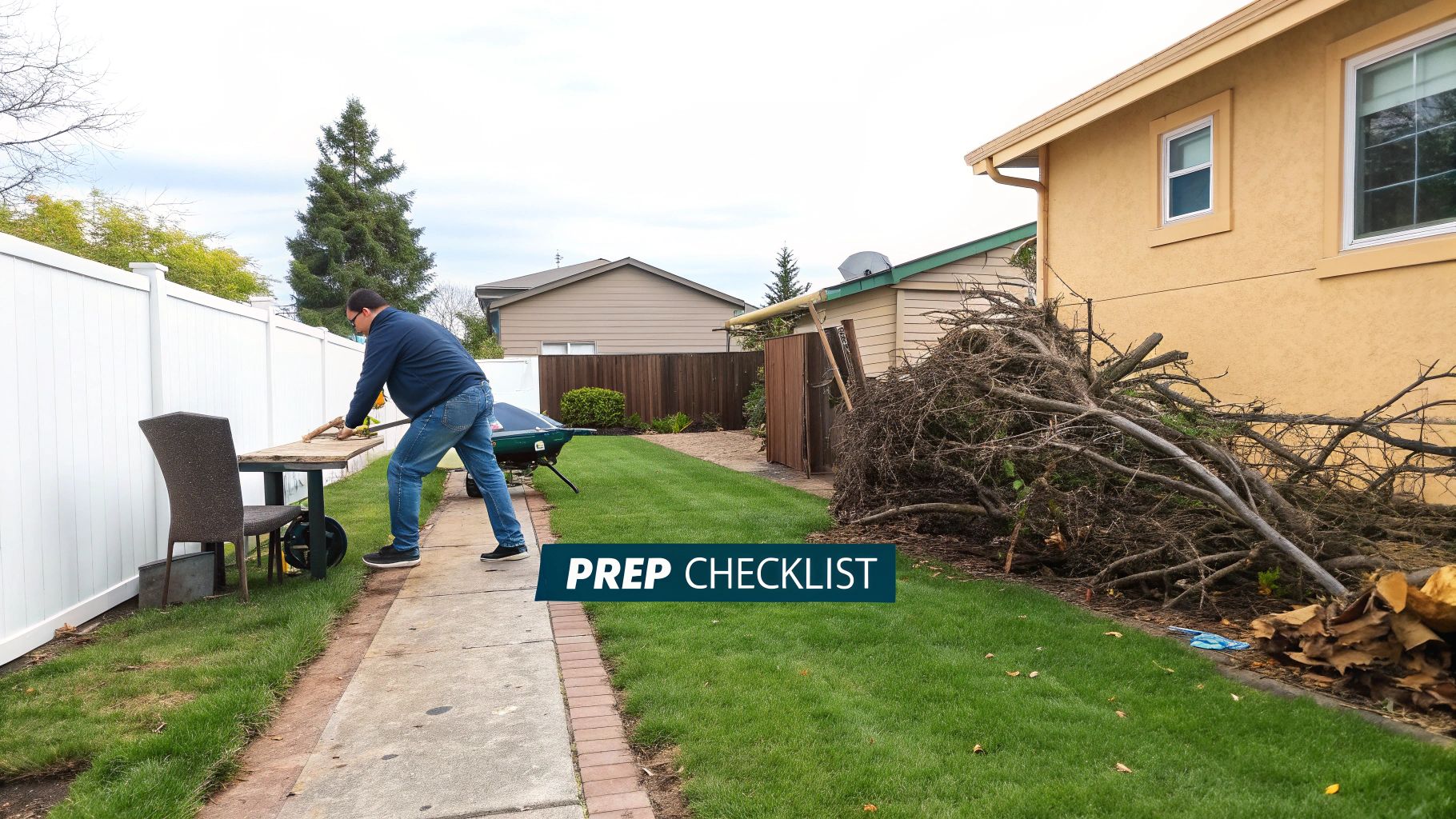 A person preparing wood for chipping in a backyard with a large pile of branches.