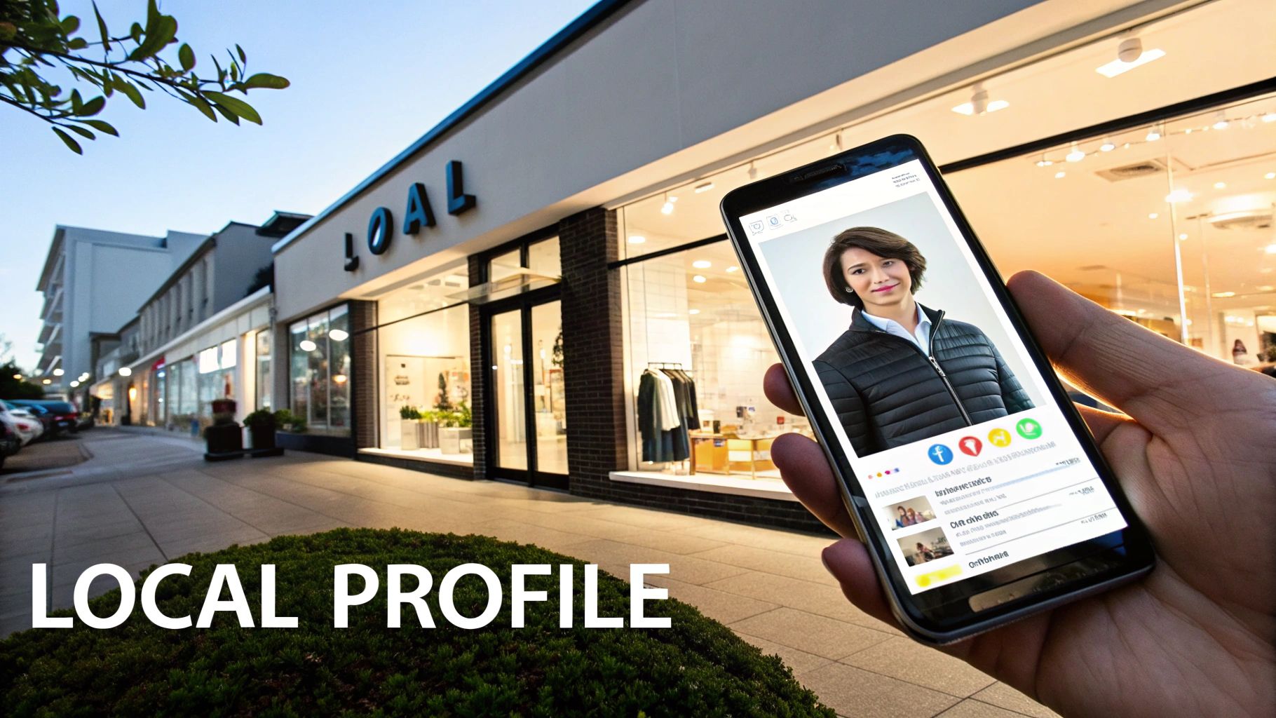 A hand holds a smartphone displaying a local profile against a backdrop of storefronts.