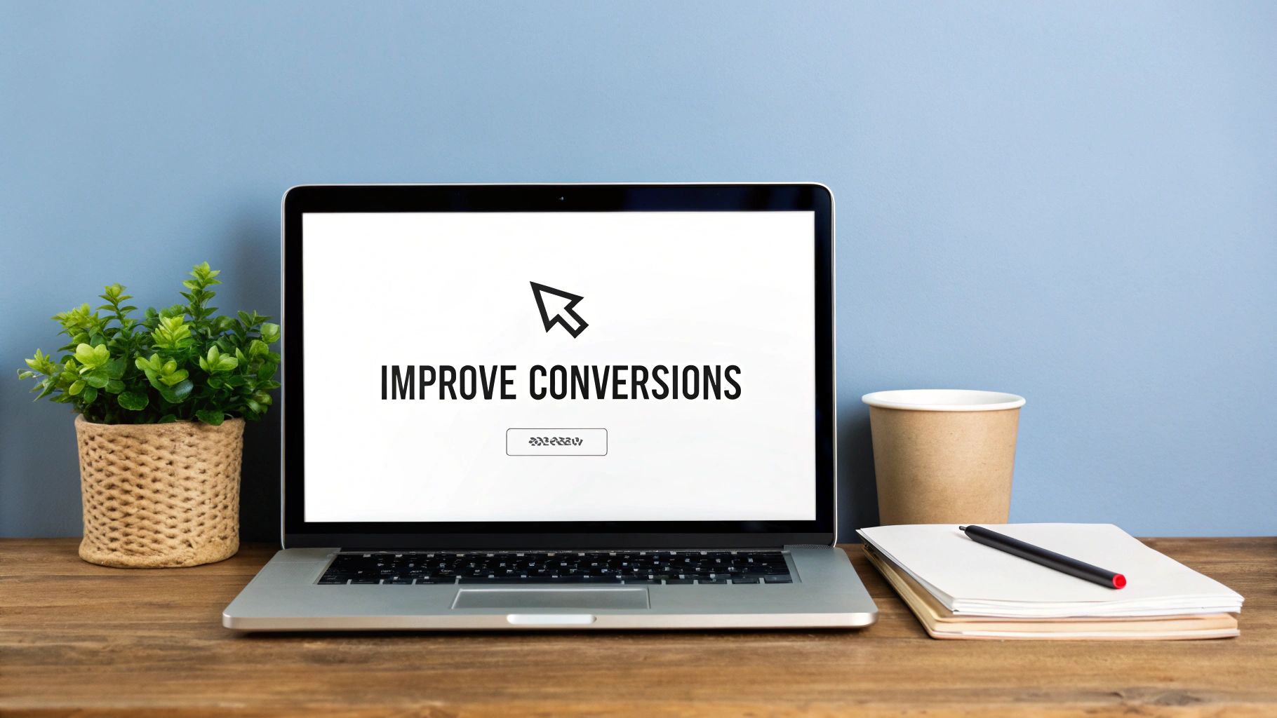 A laptop on a wooden desk displays 'IMPROVE CONVERSIONS', with a plant, coffee cup, and notebooks nearby.
