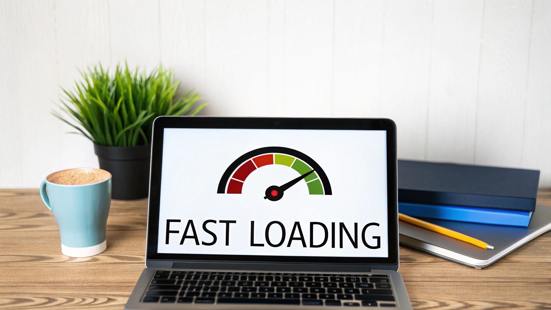 Laptop displaying 'FAST LOADING' with a speed gauge, on a wooden desk with coffee and plants.