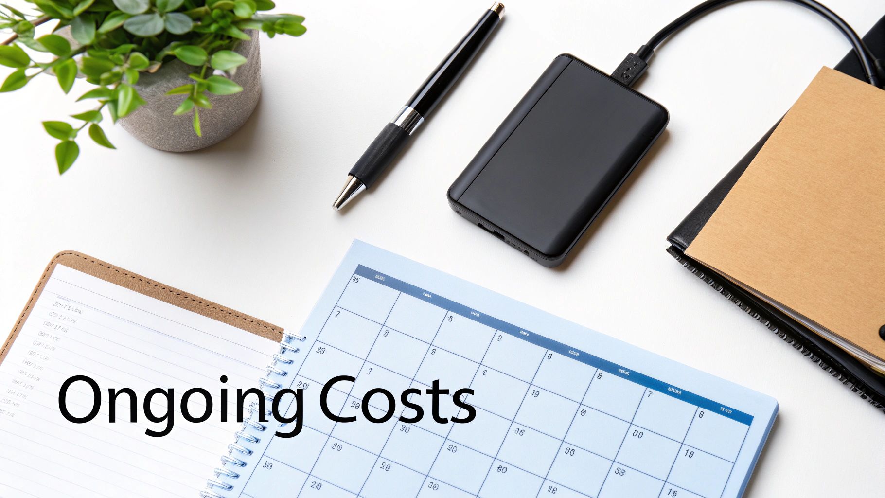 A flat lay of a white desk with a plant, pen, hard drive, calendar, and notebook showing 'Ongoing Costs'.
