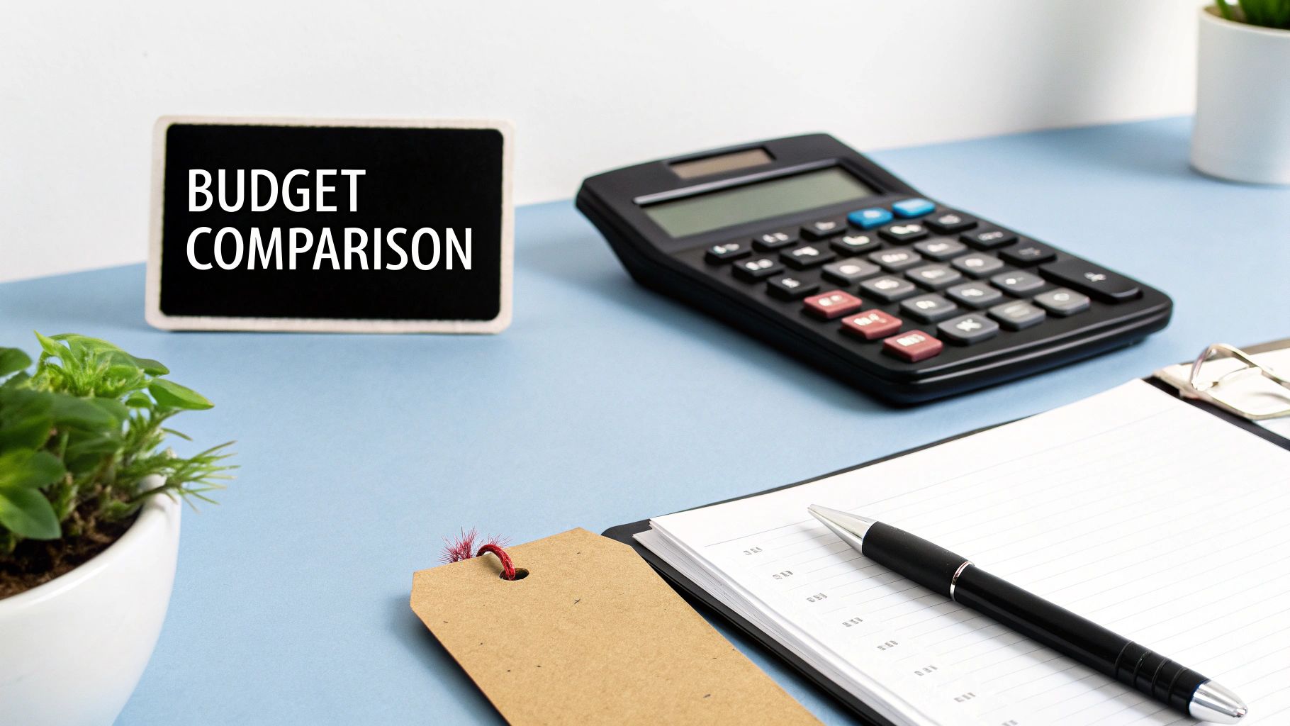 Calculator, notebook with black pen, and "Budget Comparison" sign on a blue desk. Green plants add a fresh touch to the setting.